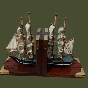 Vtg Wooden Ship Bookends With Wood & Metal Accents & Nautical Design Multicolor